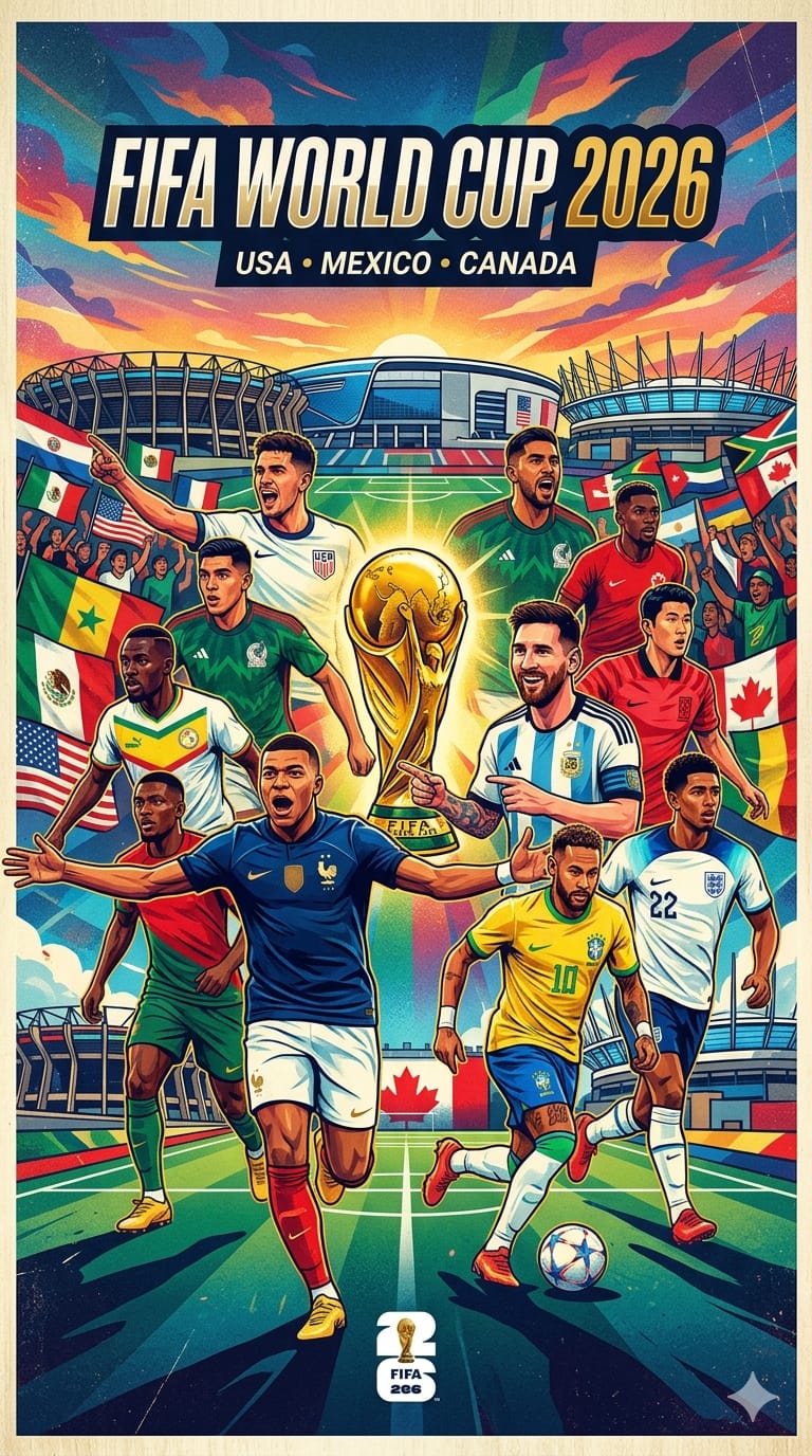 Lámina del Mundial 2026 con la copa, los estadios y las estrellas de cada selección